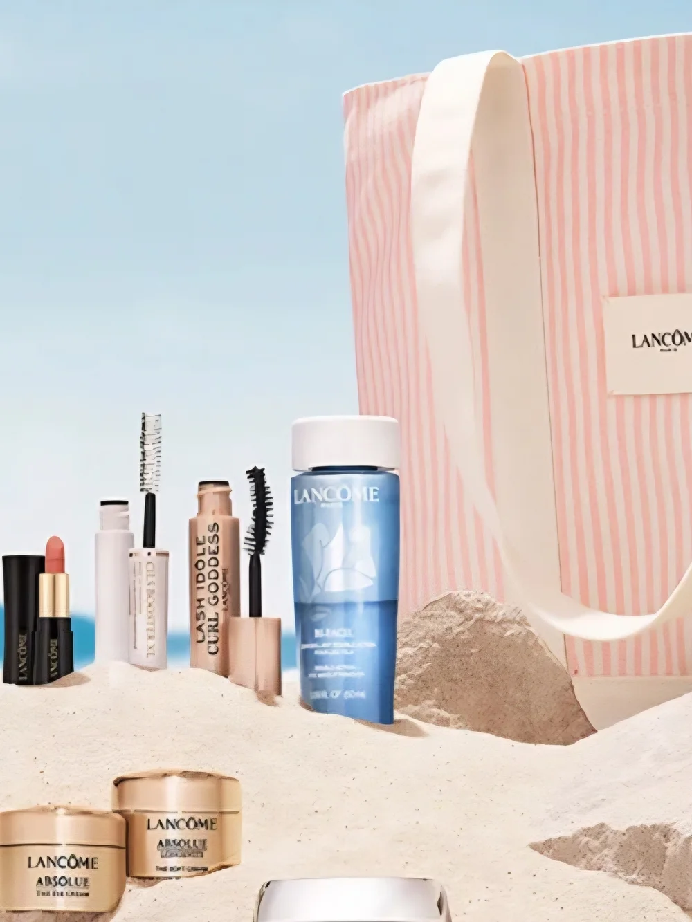Lancome Pink Stripe Cosmetic Travel Tote with Beauty Essentials
